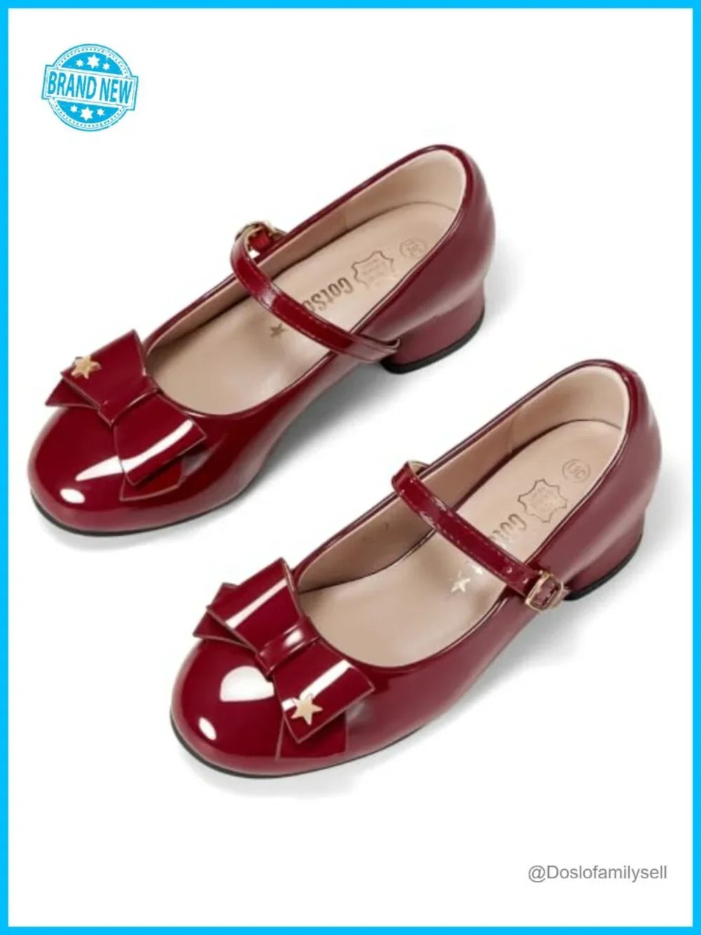 Girls Mary Jane Ankle Strap Low Heel Dress Shoes w/ Faux Leather & Lambskin